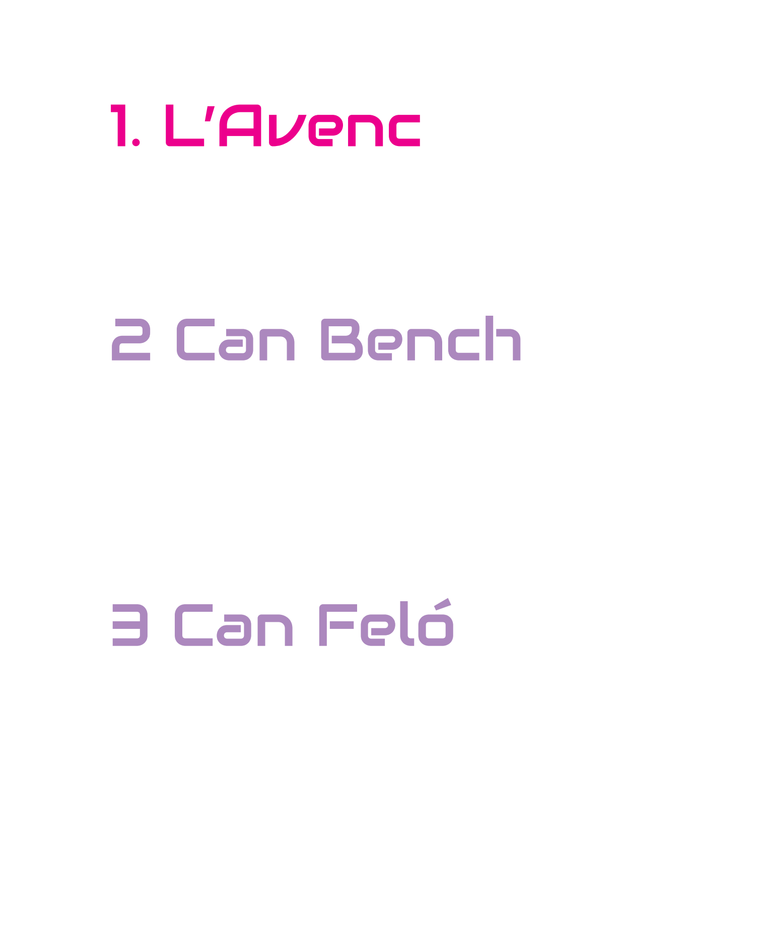 Texto con listas numeradas y viñetas en diferentes colores que describen diferentes elementos y lugares como hoteles y casas rurales en Tavertet, con menciones de tecnología como CD, cassette, y disco de vinilo.