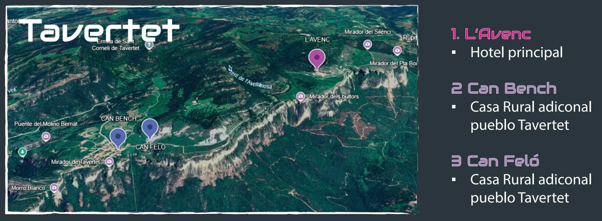 Mapa del área de Tavertet, con marcas y leyendas que indican puntos de interés y alojamientos, incluyendo un hotel principal, una casa rural adicional y una casa rural con un banco, acompañados de un texto con información sobre estos lugares.