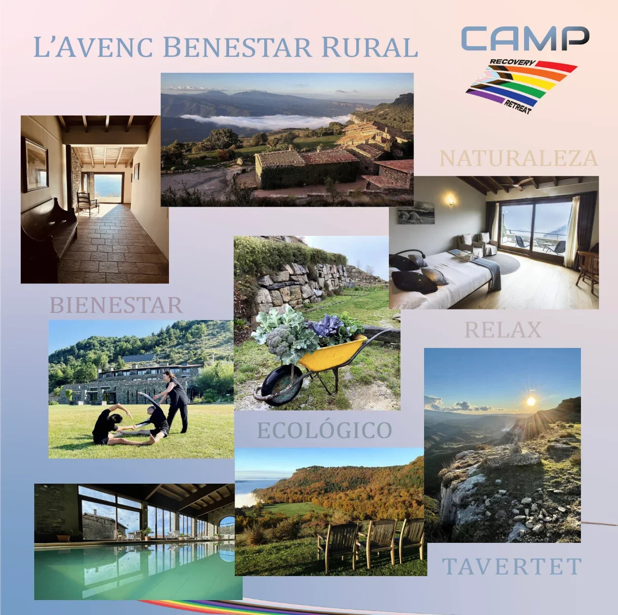 Cartel que promociona un campamento rural con vistas a la naturaleza, mostrando habitaciones cómodas, actividades ecológicas, áreas de bienestar, relajación, y una piscina, destacando la recuperación y el retiro en contacto con el entorno natural.
