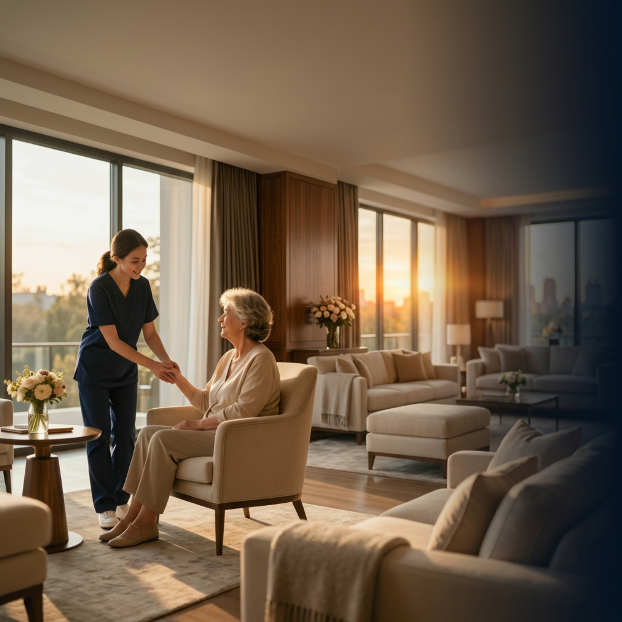 A woman in medical scrubs holding hands with an elderly woman seated in a beige armchair in a brightly lit living room during sunset.