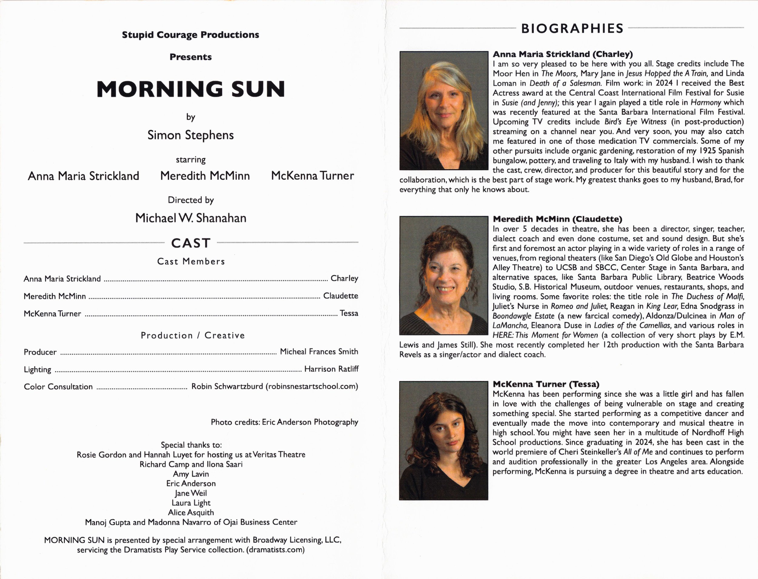 Opening page of a playbill for "Morning Sun" by Simon Stephens, presented by Stupid Courage Productions. The page features cast and production credits on the left and biographical information with headshots of three actresses on the right.