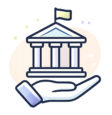 Ein Hand, die ein Gebäude im klassischen Stil, das eine Bank oder Institution darstellt, trägt.