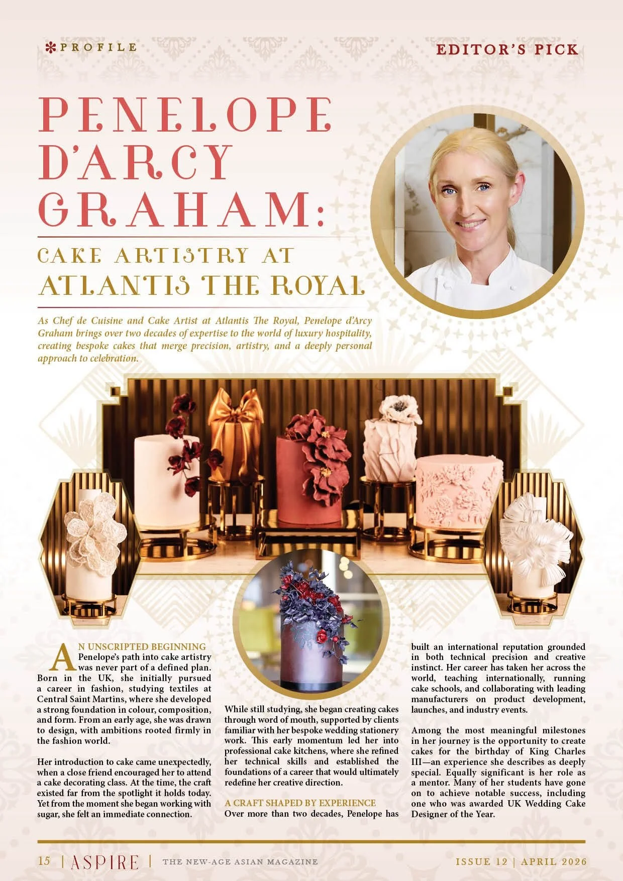 Magazine feature on cake artist Penelope d’Arcy Graham, showcasing her career and bespoke cake designs.