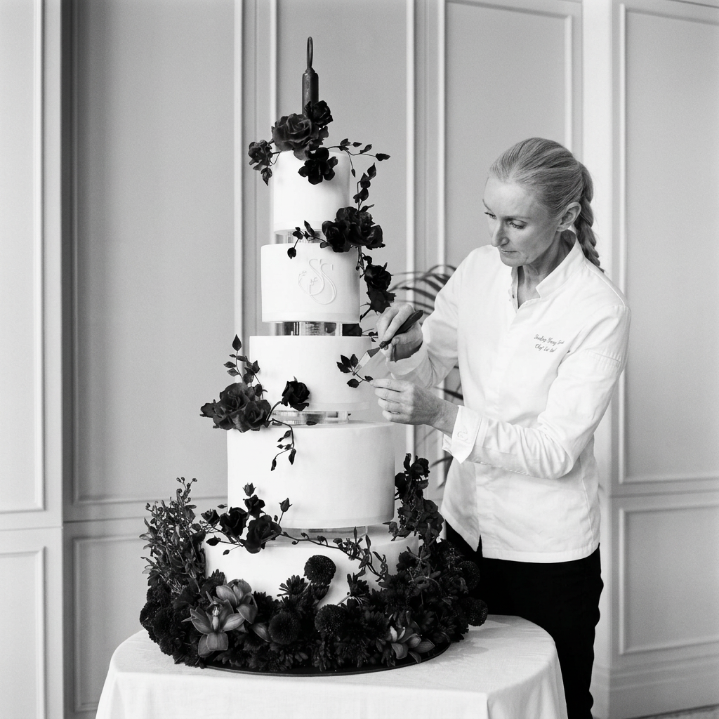 Cake artist Penelope d'Arcy Graham decorating a tall multi-tier wedding cake with black sugar flowers.