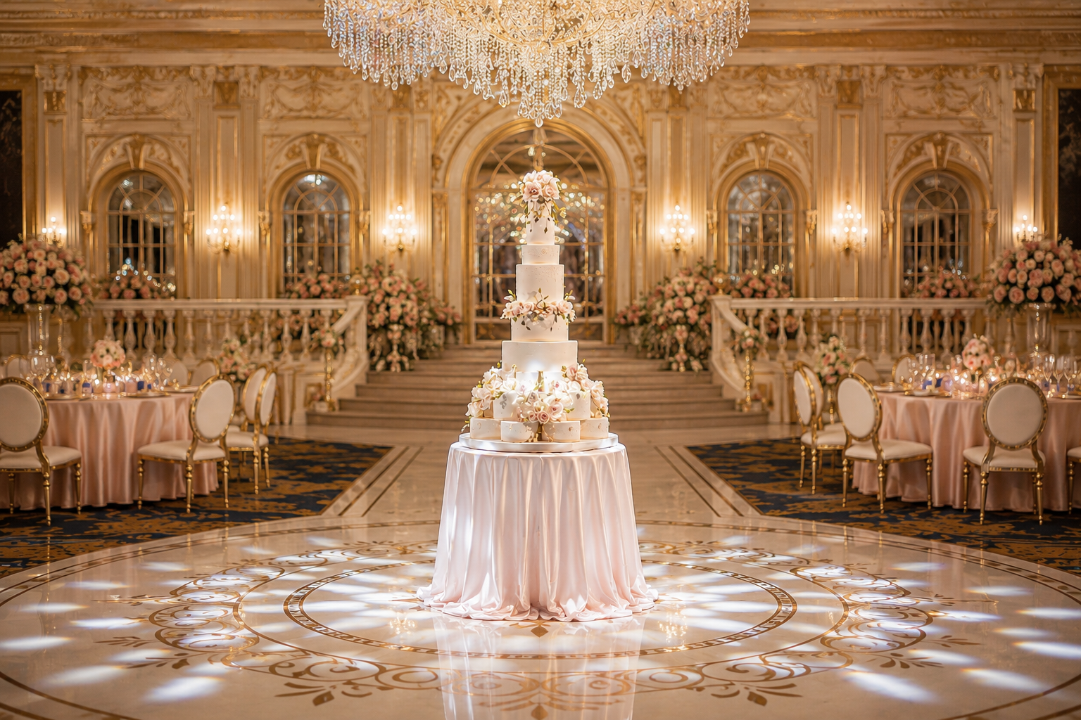 Luxury multi-tier wedding cake with pink and white sugar flowers in an elegant ballroom.