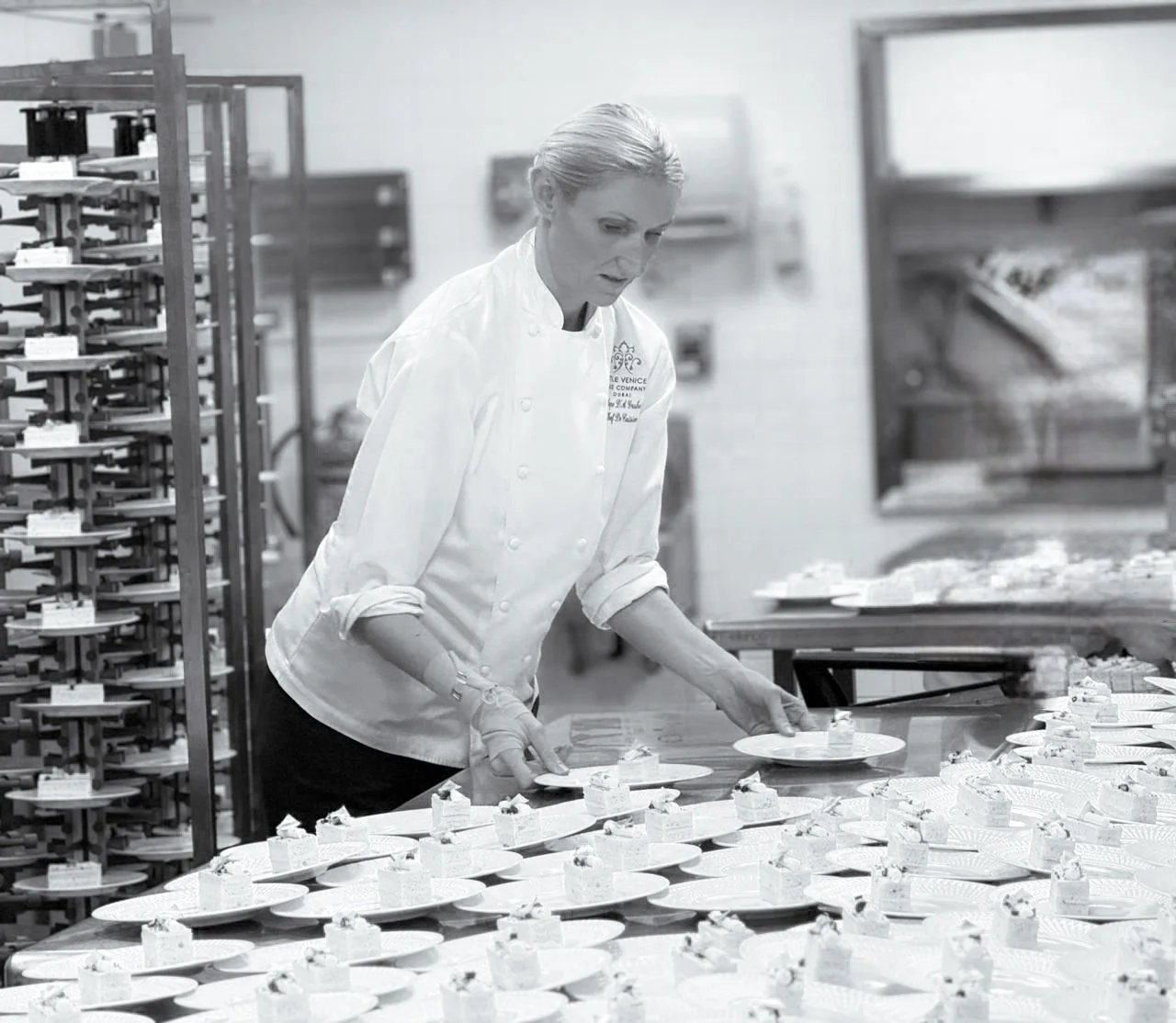 Penelope d’Arcy Graham creating desserts in a professional pastry kitchen.