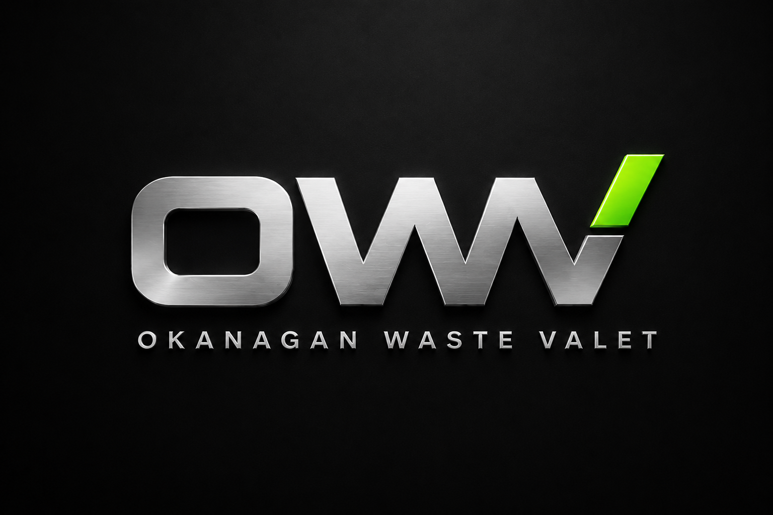Logo for Okanagan Waste Valet featuring metallic silver letters 'OWV' with a green accent on the exclamation mark, set against a dark background, with the text 'OKANAGAN WASTE VALET' below.