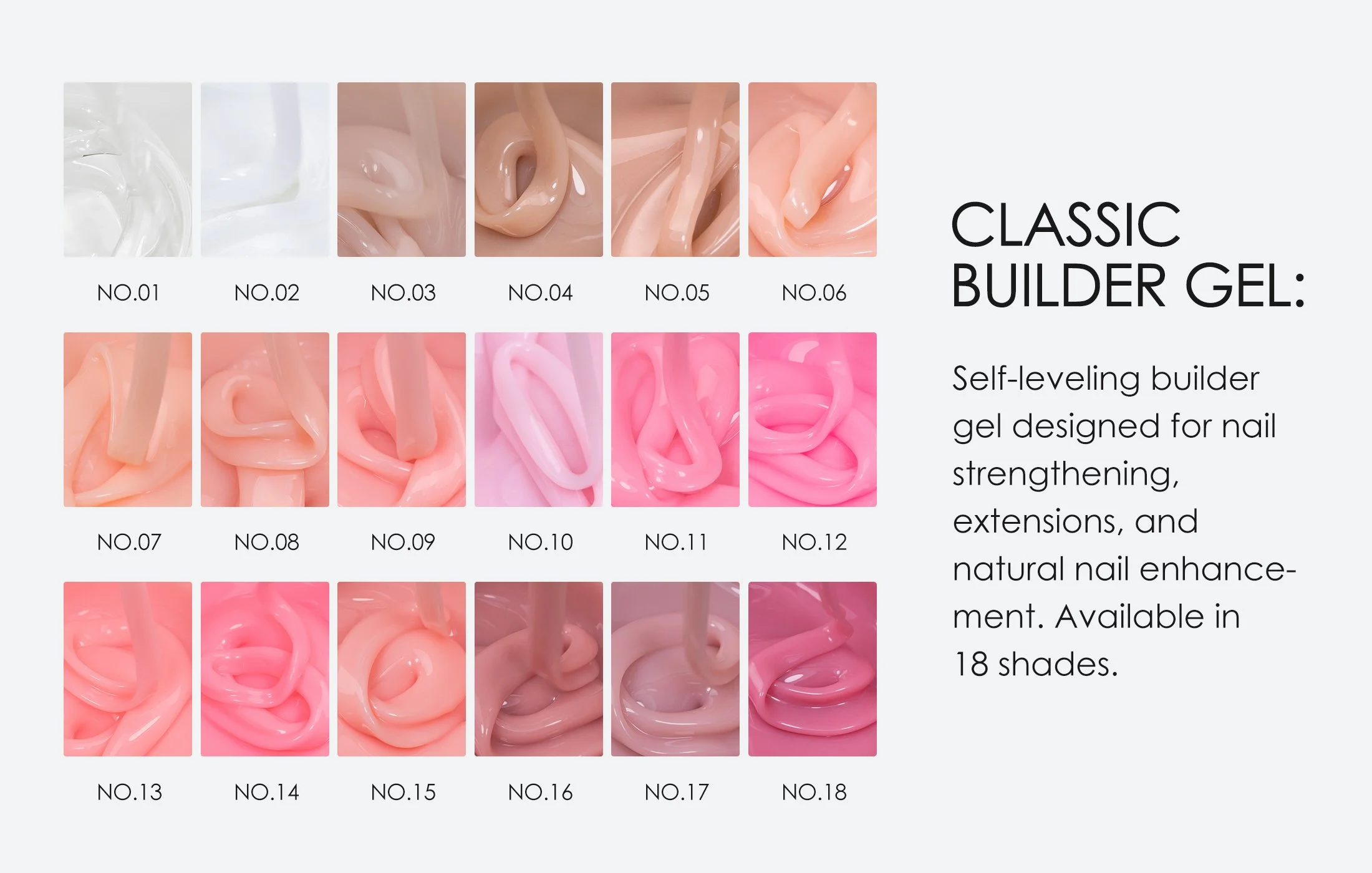 Display of 18 shades of pink and neutral nail builder gels with swirled textures, labeled from No.01 to No.18, alongside description mentioning self-leveling, nail strengthening, and natural nail enhancement.
