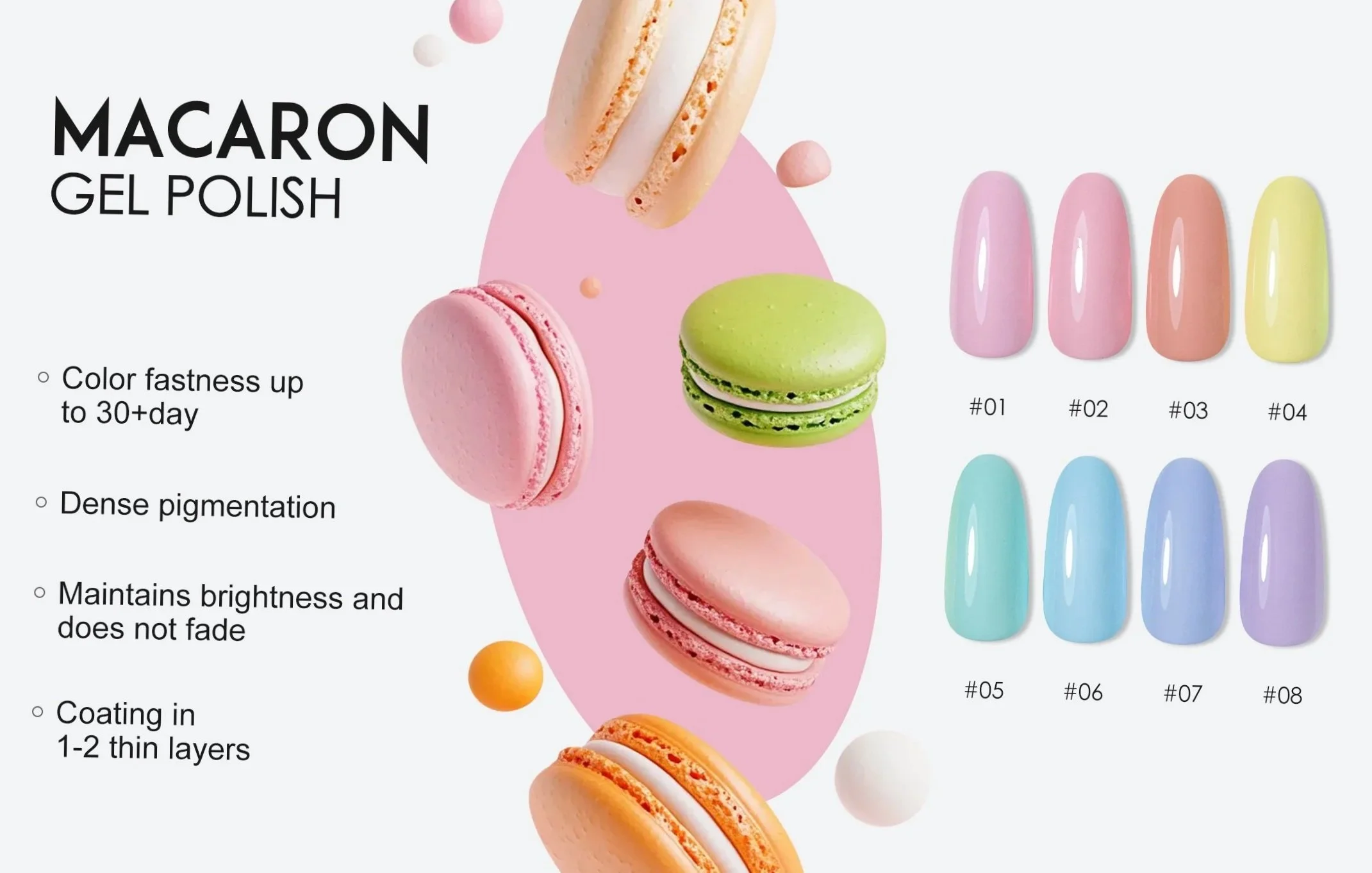 A display of colorful macarons with various pastel shades and a set of labeled gel polish colors, including pinks, greens, blues, and purples. The image also shows decorative spheres and informational text about gel polish. 