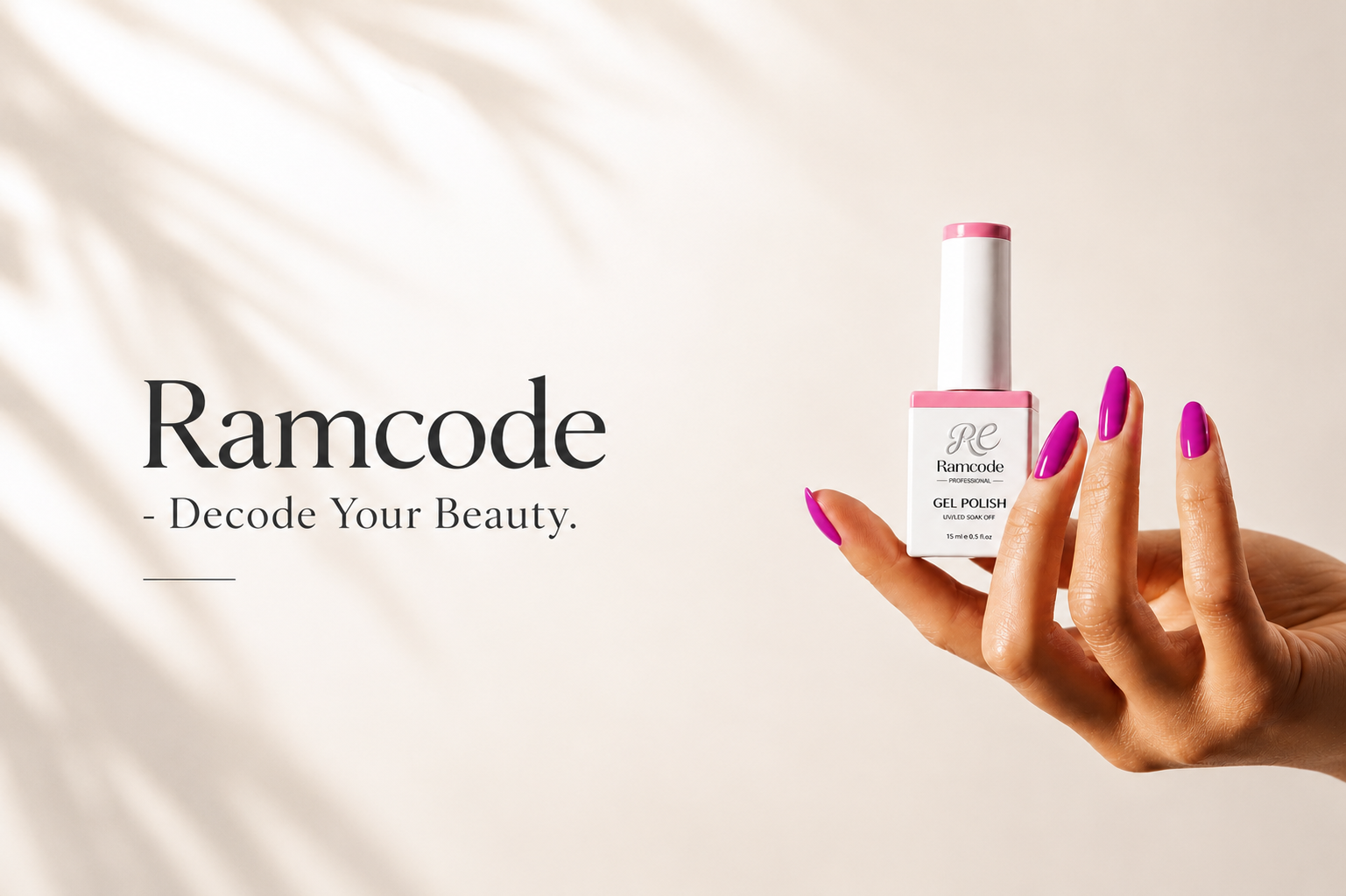 A hand with purple nail polish holding a white and pink bottle of Ramcode gel nail polish, with shadows of palm leaves in the background and the text 'Ramcode - Decode Your Beauty.' on the wall.