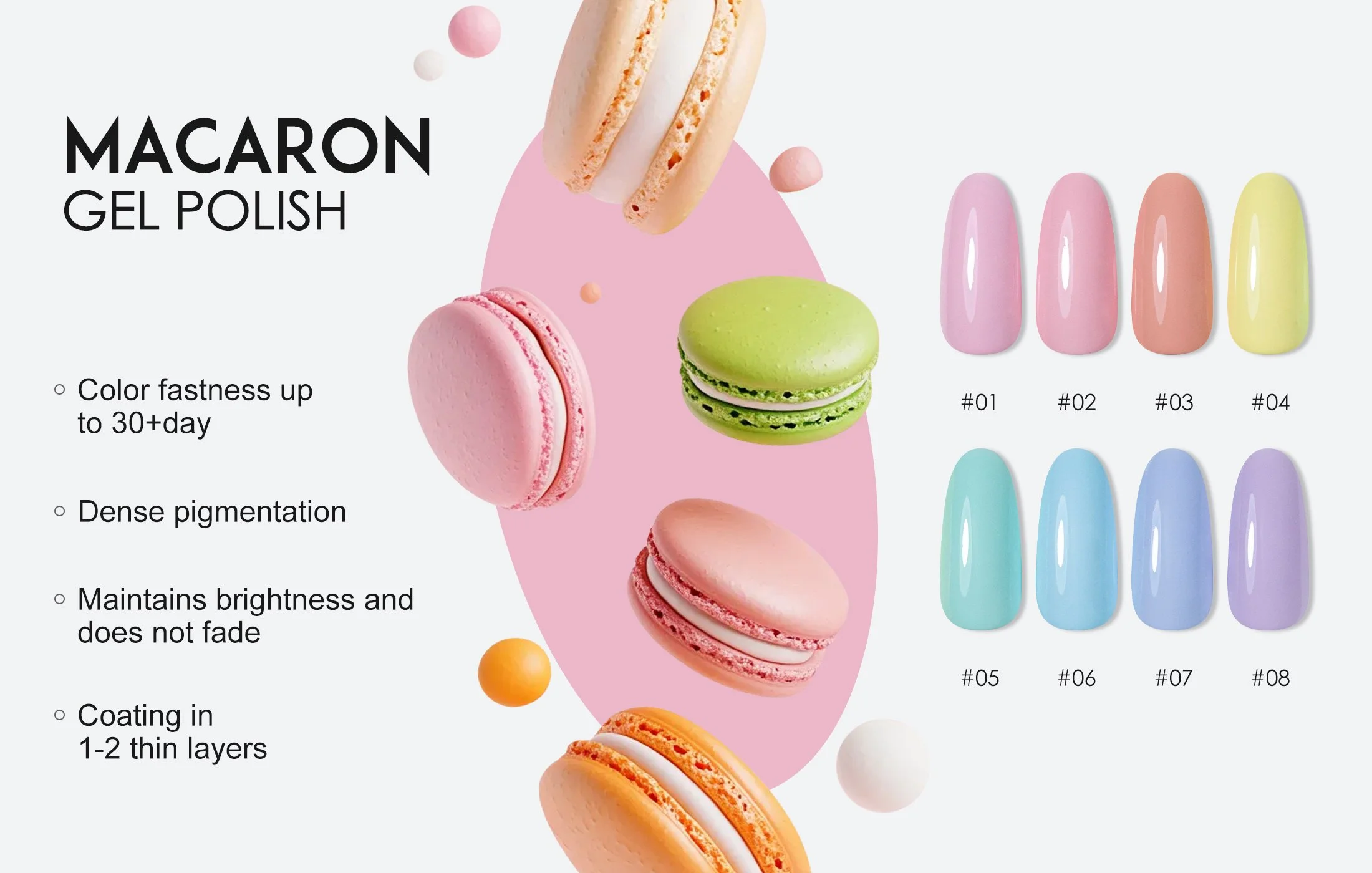 A display of colorful macarons with various pastel shades and a set of labeled gel polish colors, including pinks, greens, blues, and purples. The image also shows decorative spheres and informational text about gel polish. 