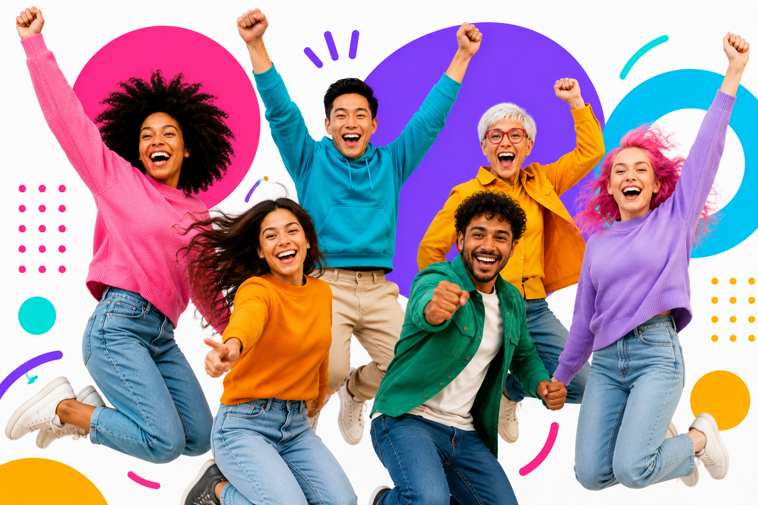 Diverse group of entrepreneurs and innovators jumping with excitement after being nominated to participate in the Million Ideas Movement, a global initiative supported to discover the next million-dollar idea.