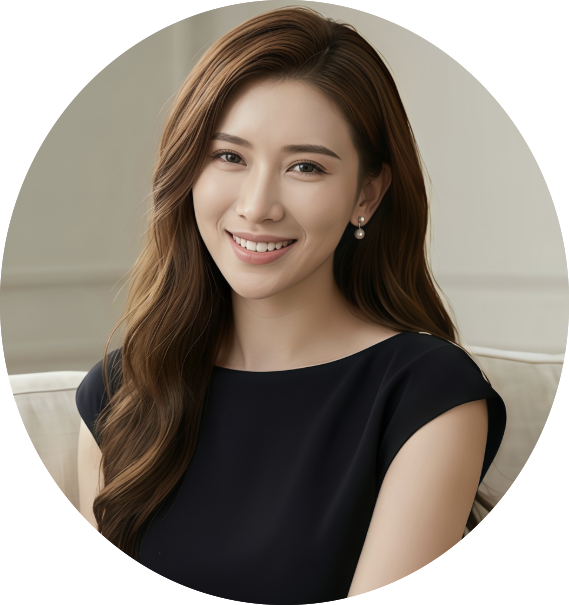 Smiling young woman with long brown hair, wearing a black dress and pearl earrings, sitting on a couch in an indoor setting.