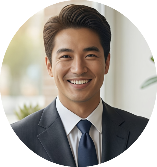 A young man in a dark suit with a white shirt and blue tie smiling indoors.