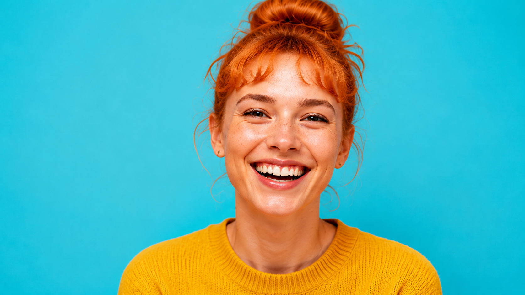 A young woman with red hair tied in a bun, smiling broadly, wearing a yellow sweater against a blue background.