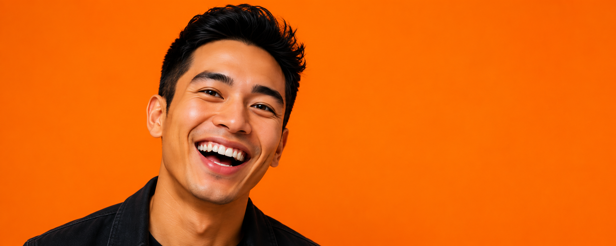 A close-up of a young man smiling with white teeth, black hair, wearing a black jacket against an orange background.