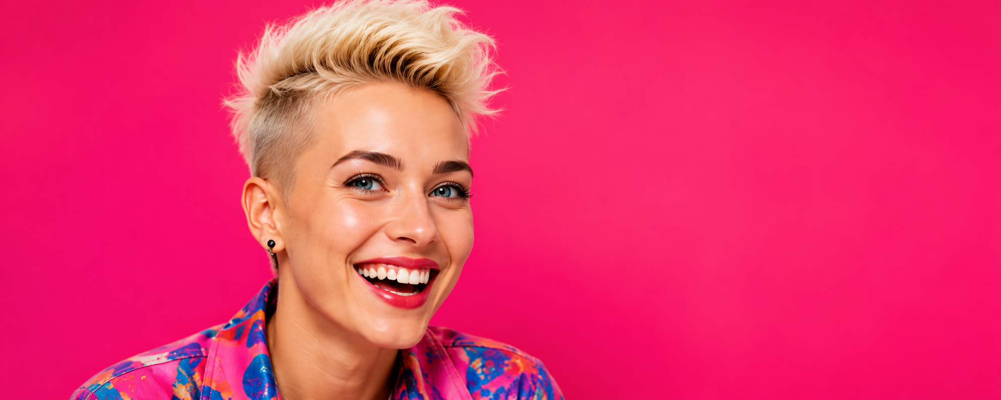 Close-up of a smiling woman with short blonde hair, bright blue eyes, wearing a colorful jacket, against a solid pink background.