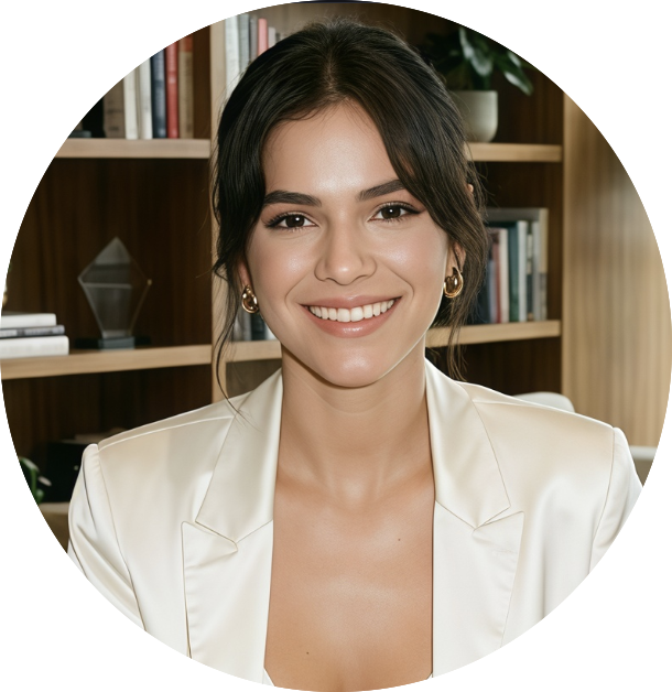 A smiling woman with dark hair and earrings sitting in front of a bookshelf with books and a plant.