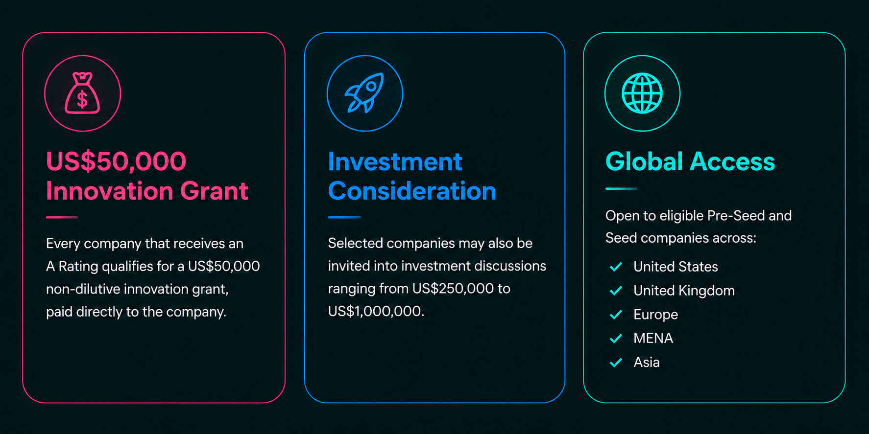 A digital infographic outlining a grant opportunity, investment discussion, and global access involved in a startup or innovation program, with three sections in pink, blue, and turquoise.