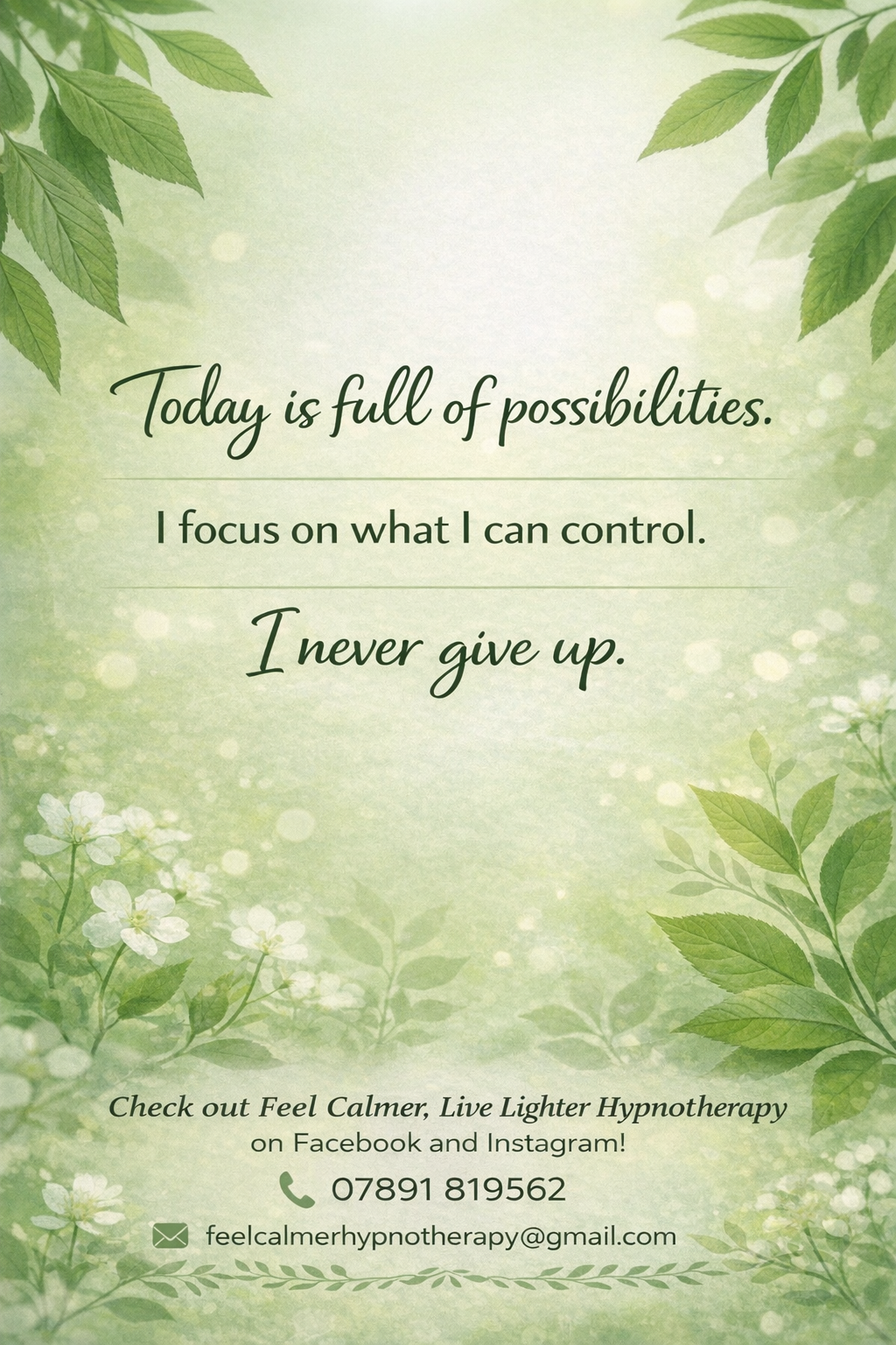 A calming green background with leaves and white flowers, featuring an inspirational quote about possibilities and perseverance, promoting Feel Calmer, Live Lighter Hypnotherapy services.