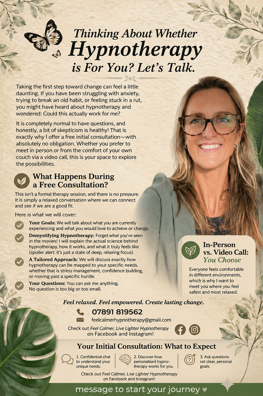 A flyer advertising free consultations for hypnotherapy, featuring a smiling woman with glasses, butterflies, green leaves, and details about the service.