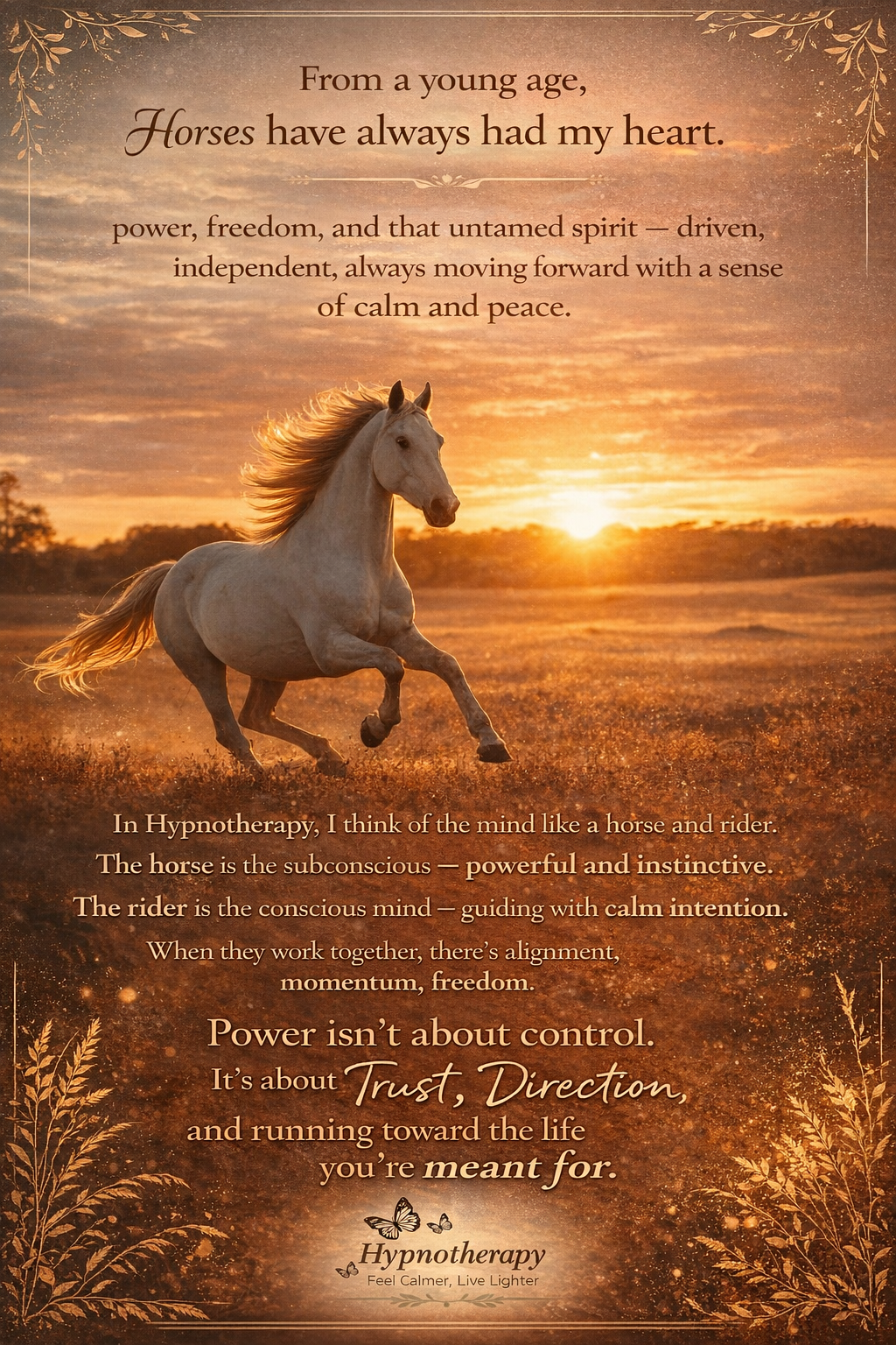 A running white horse during sunset in an open field with text overlay about horses and hypnosis, with decorative borders and leaf illustrations.