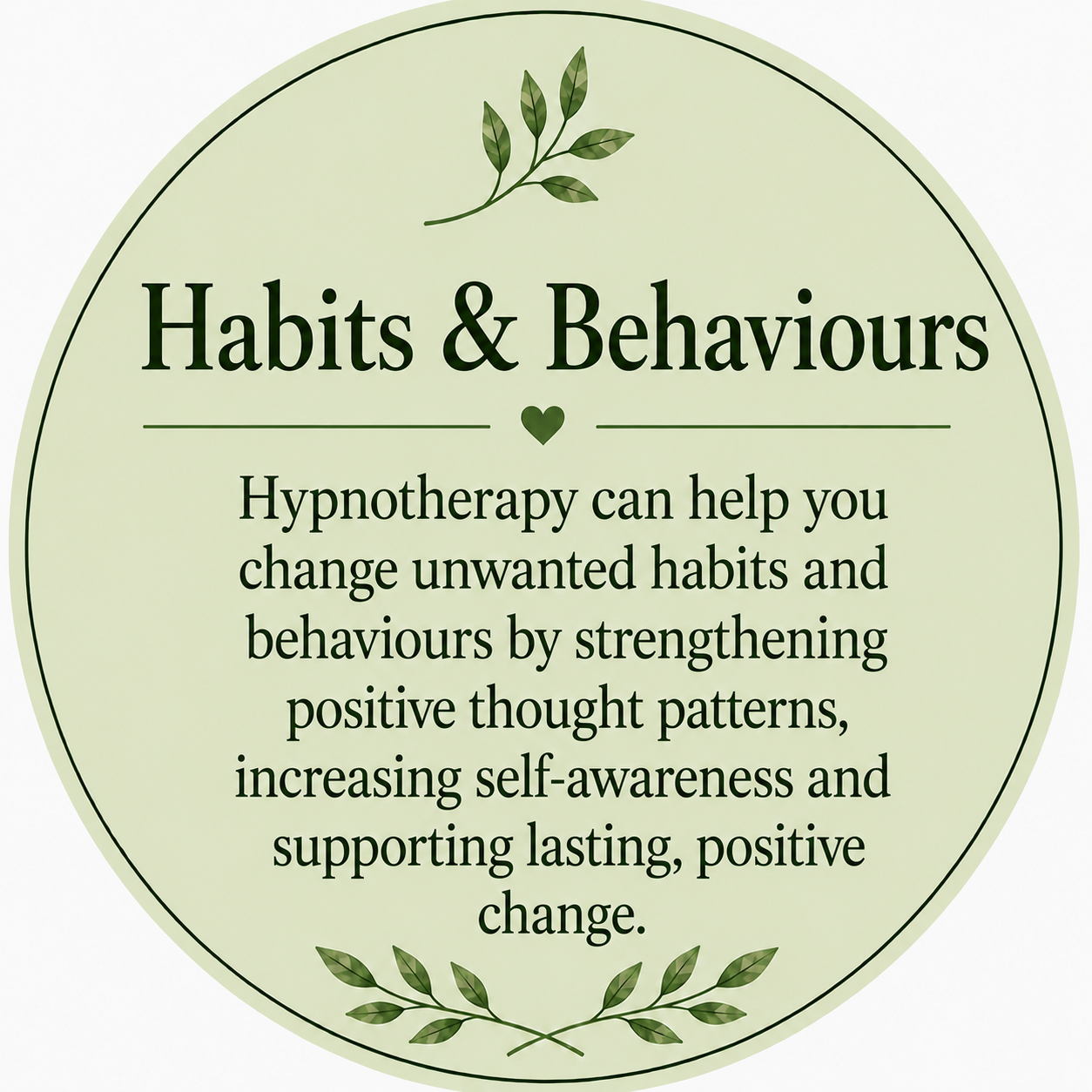 A circular graphic titled 'Habits & Behaviours' with a subtitle about hypnotherapy aiding in changing habits by fostering positive thoughts. Decorative leaves are at the top and bottom of the circle.
