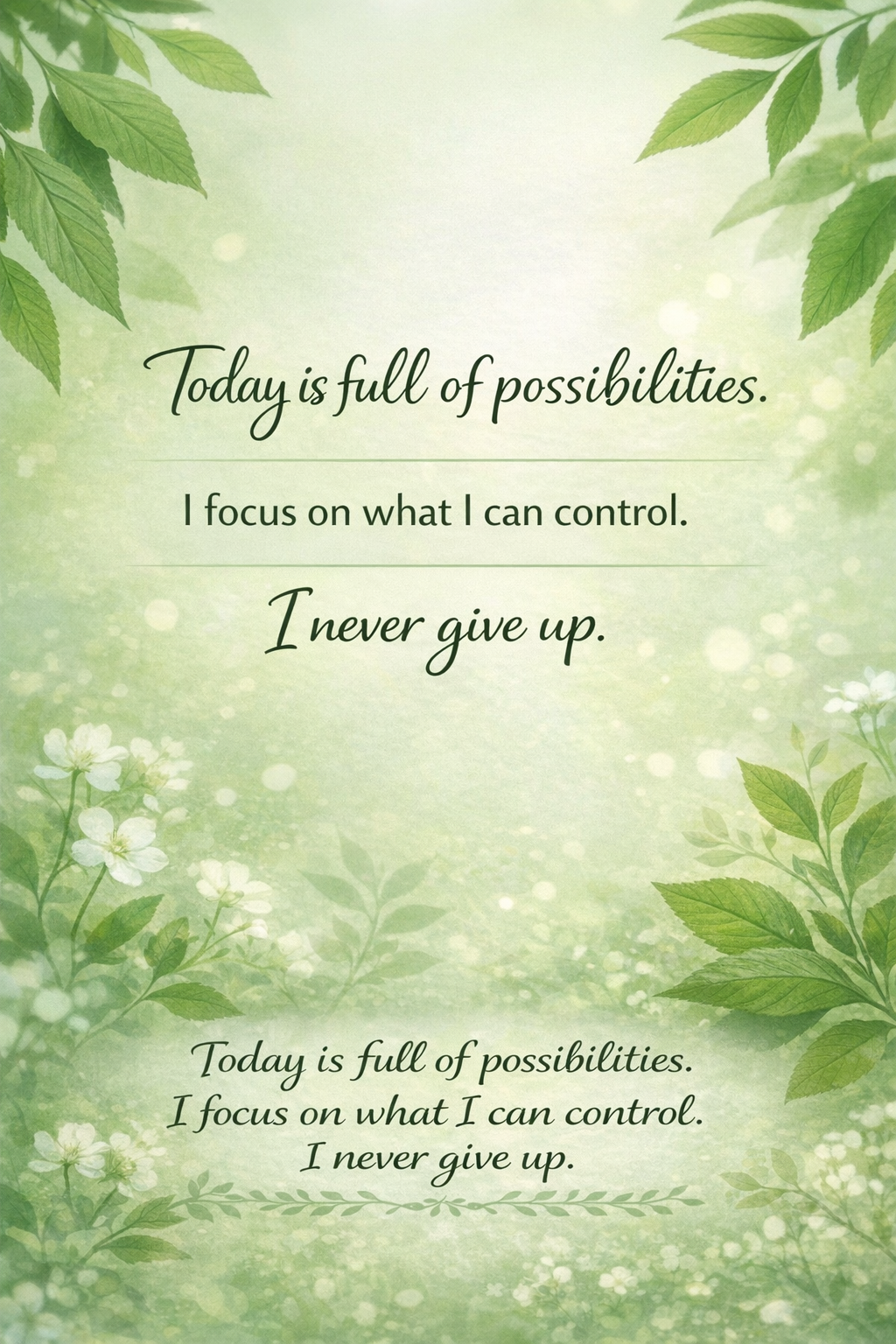 Inspirational quote on a green, nature-themed background with leaves and white flowers, reading: "Today is full of possibilities. I focus on what I can control. I never give up."