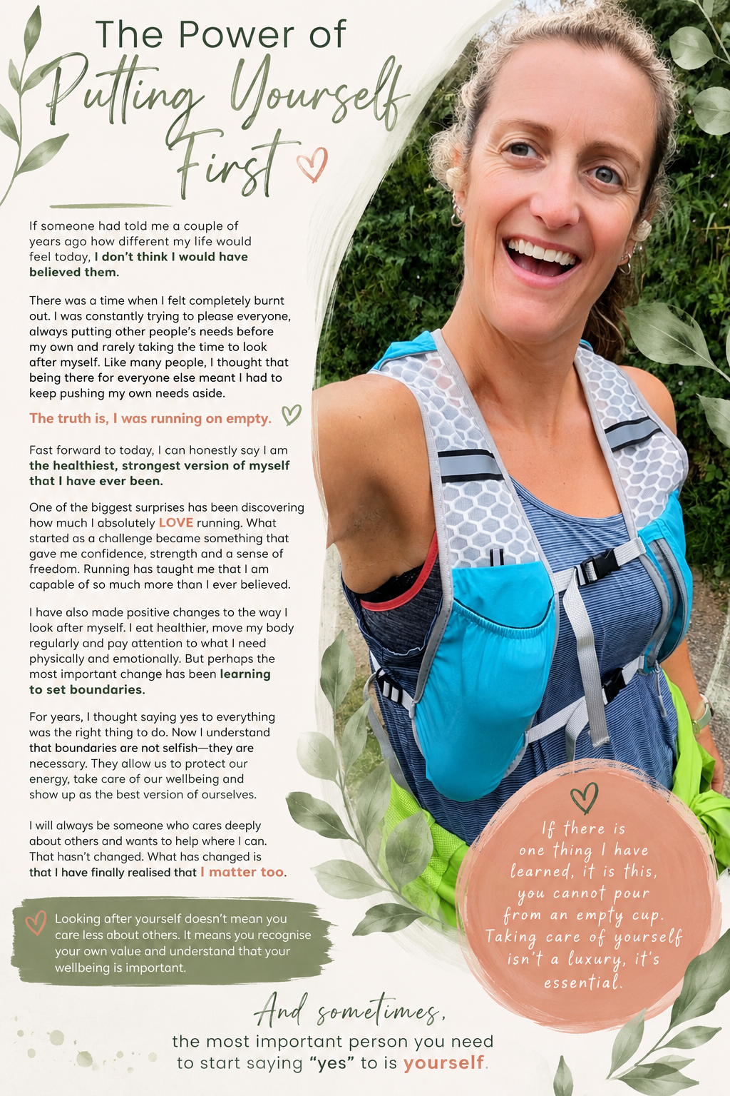 A smiling woman wearing a blue and gray running vest, standing outdoors with green foliage in the background.