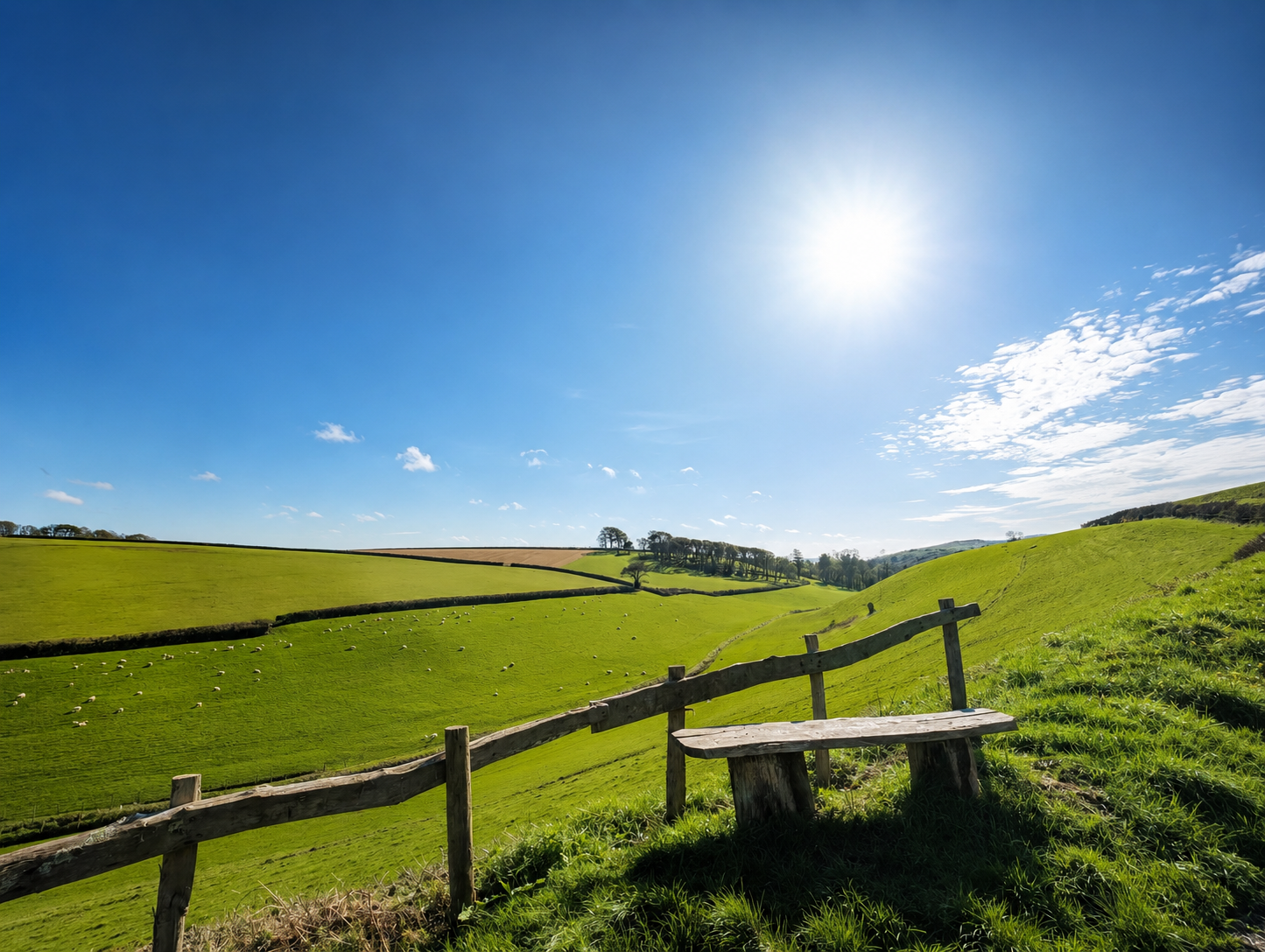 Sunny day over green rolling hills with a wooden fence and sheep grazing, under a bright blue sky with some clouds.