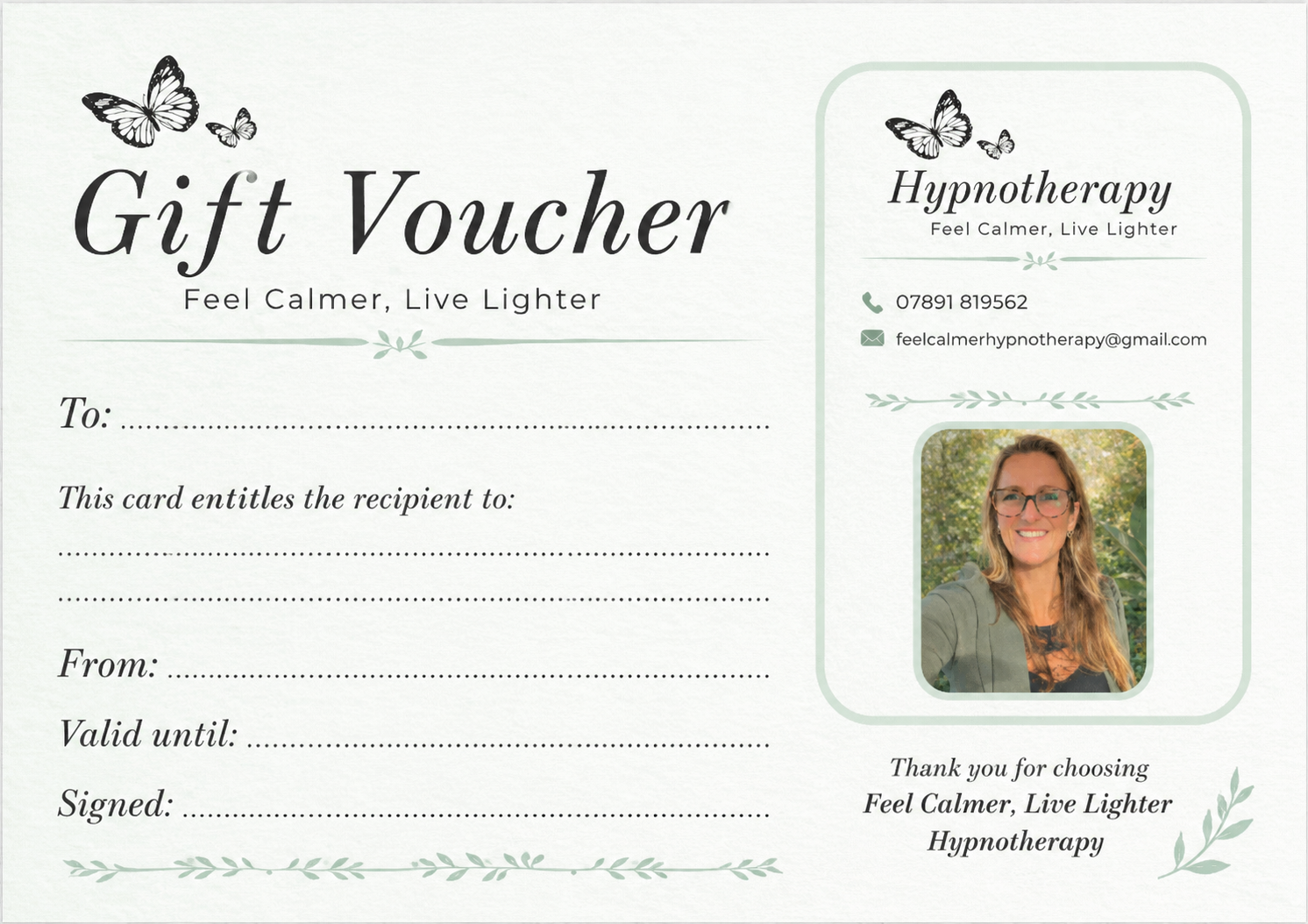 A gift voucher for hypnotherapy with a photo of a smiling woman wearing glasses, surrounded by green foliage, and butterflies illustrated above the text.