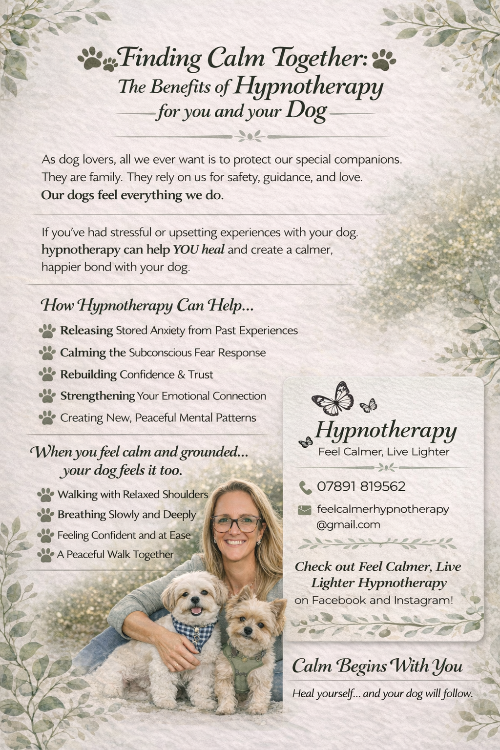 A flyer promoting hypnotherapy for calming dogs. It features decorative leaf patterns, a woman smiling with two small dogs, and sections explaining the benefits of hypnotherapy, contact information, and social media links.
