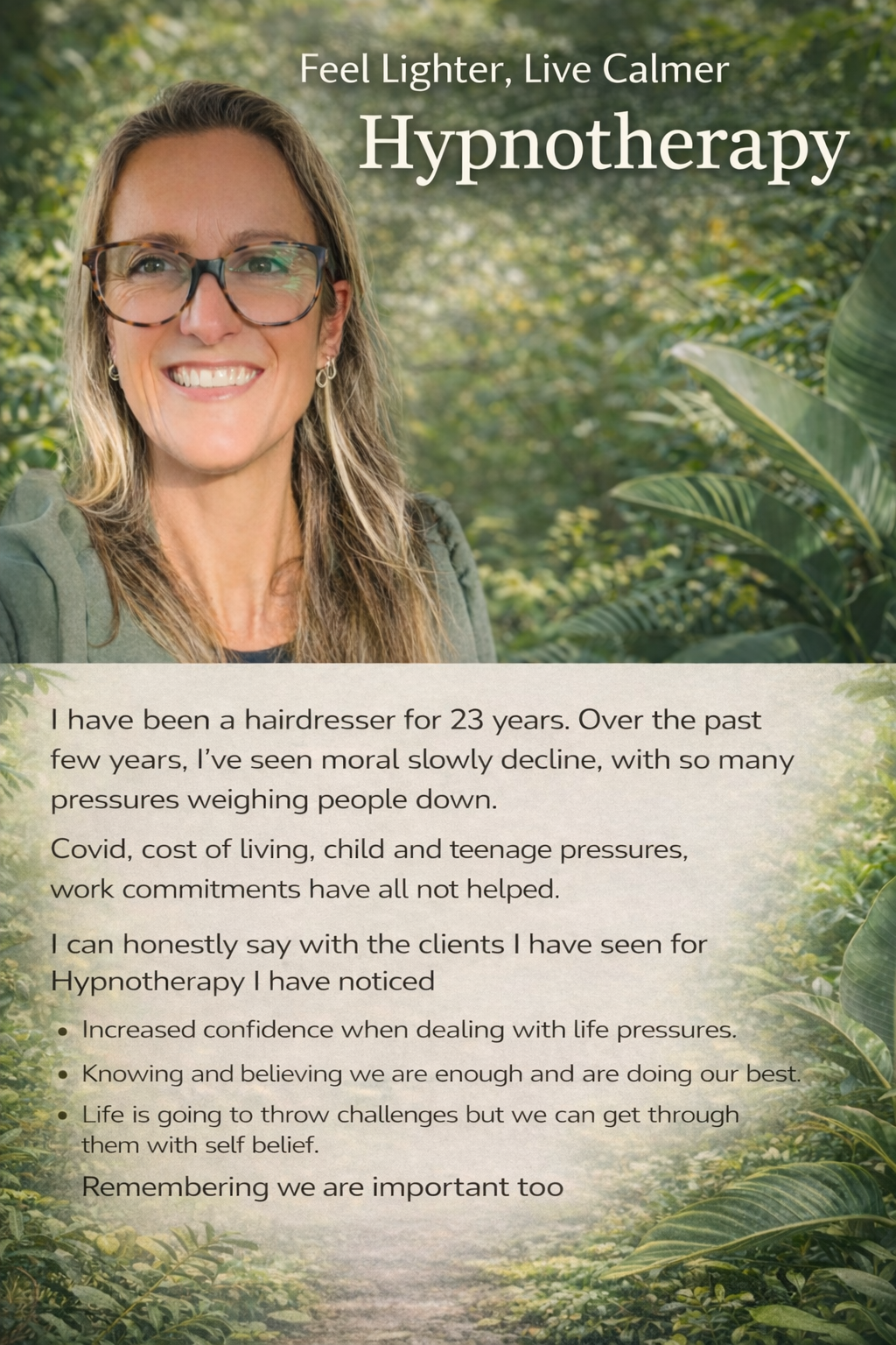 A smiling woman with glasses and long blonde hair stands in a lush, green outdoor setting for a promotional poster about hypnotherapy, featuring text about her experience and insights.