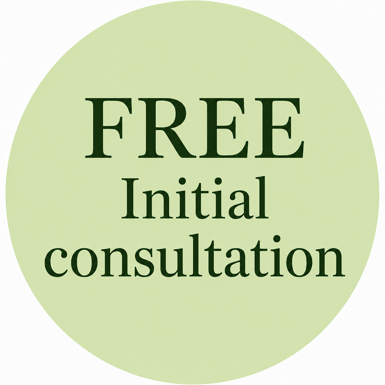 Green circular badge with the text "FREE Initial consultation" in black font.