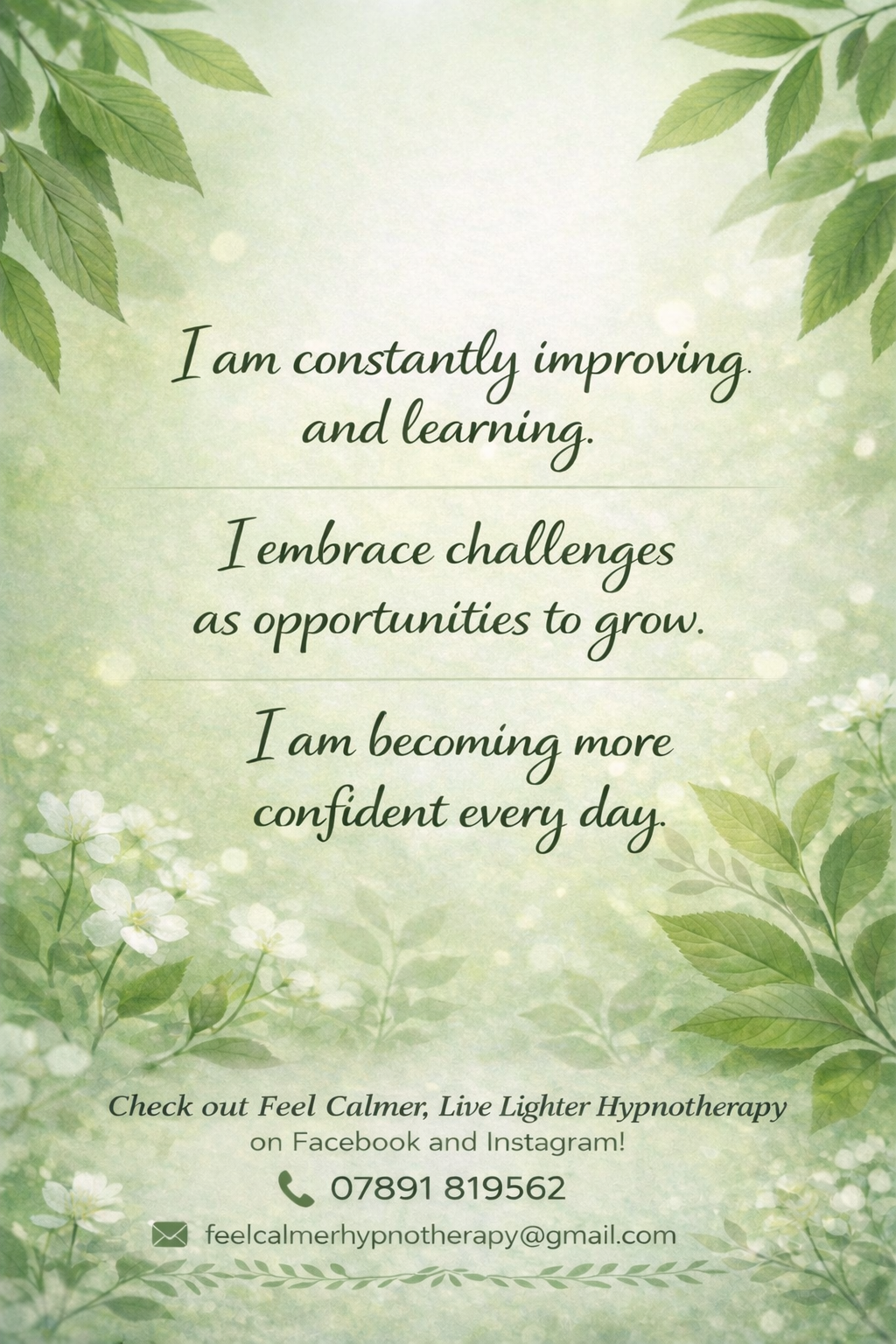 Inspirational quote on a green leafy background with white flowers. The quote reads: "I am constantly improving and learning. I embrace challenges as opportunities to grow. I am becoming more confident every day." At the bottom, it mentions Check out Feel Calmer, Live Lighter Hypnotherapy on Facebook and Instagram, with a phone number and email.
