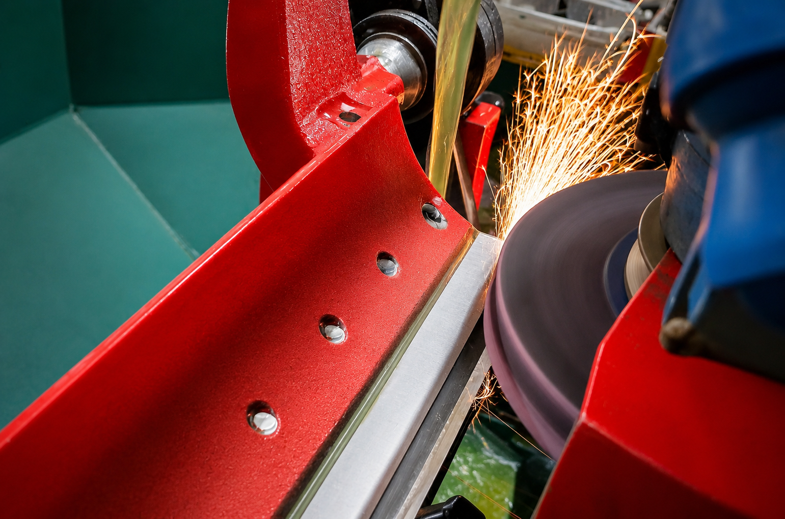 A machine grinding a metal disc with sparks flying during the process.