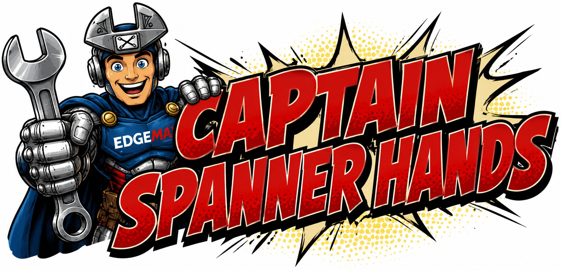 A cartoon superhero holding a wrench with a big smile, wearing a helmet and cape. Behind him, text reads 'Captain SpannerHANDS' in bold, red letters with a comic book style background.