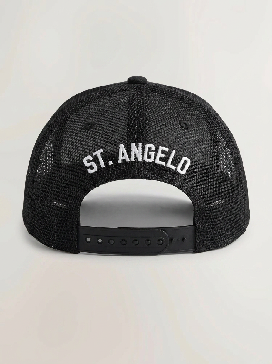 Trucker hat with white embroidered text reading 'ST. ANGELO' on the back, adjustable strap