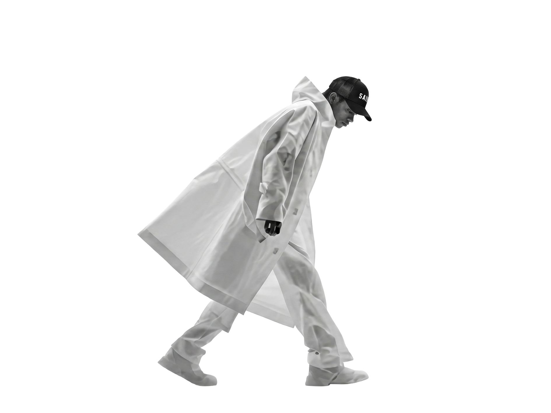 A person dressed in white clothing and a black cap, bending forward with one foot on a skateboard, against a solid black background with colorful lines.