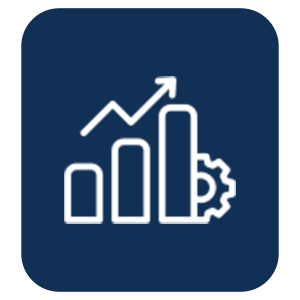 A white line graph with an upward trend, a rising bar chart, and a gear icon on a dark blue background.