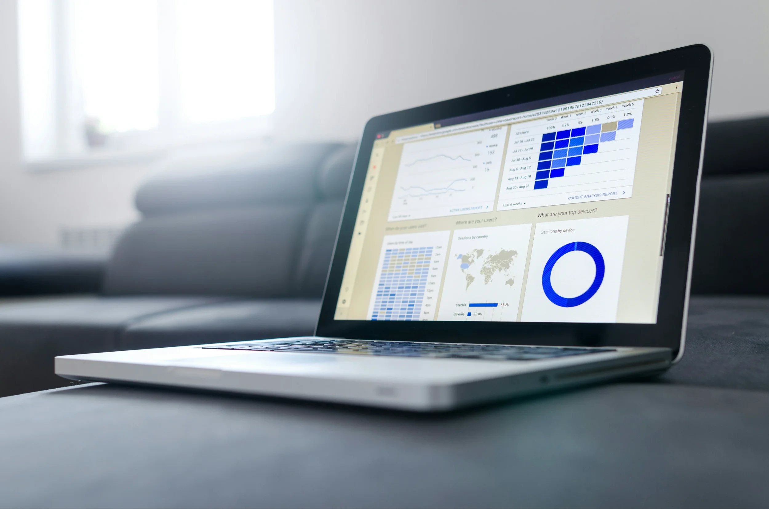 A laptop displaying data analytics and charts on a light-colored desk.