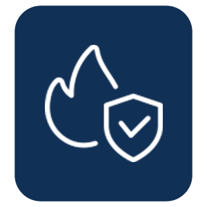 A dark blue background icon featuring a stylized flame, a leaf, and a shield with a check mark, representing safety or protection.