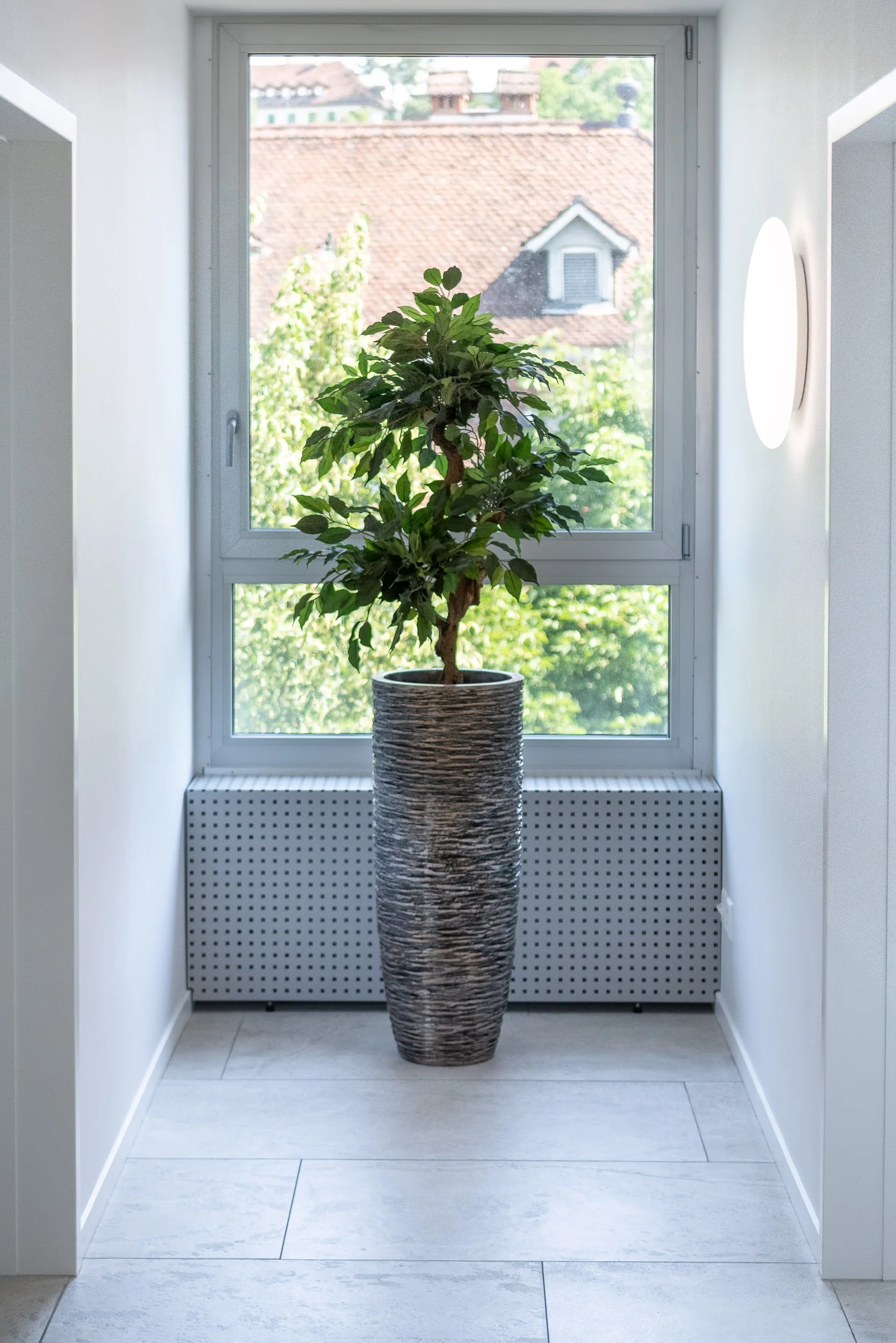 Ein Innenraum mit einem großen Fenster und einer Topfpflanze in einer dekorativen Vase, Blick nach draußen auf ein Hausdach und Bäume.
