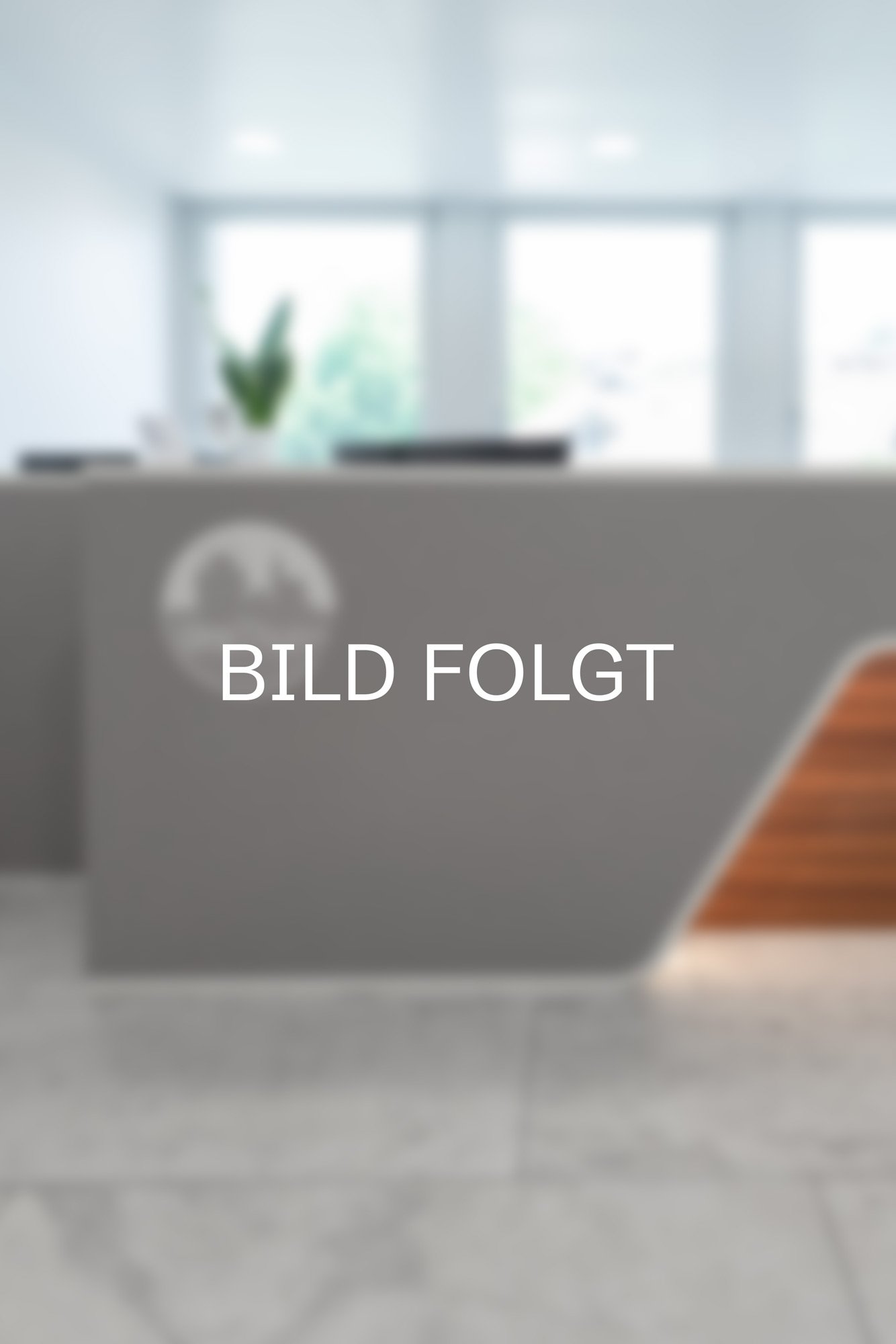Blurry Innenaufnahme eines modernen Büros mit großen Fenstern, einem Tisch und einem Laptop. Darauf steht "BILD FOLGT".