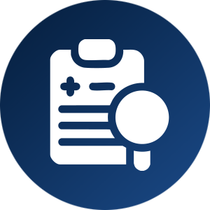 Symbol für medizinische Untersuchung, mit einem Klinikaschen und Lupe auf einem blauen Hintergrund.
