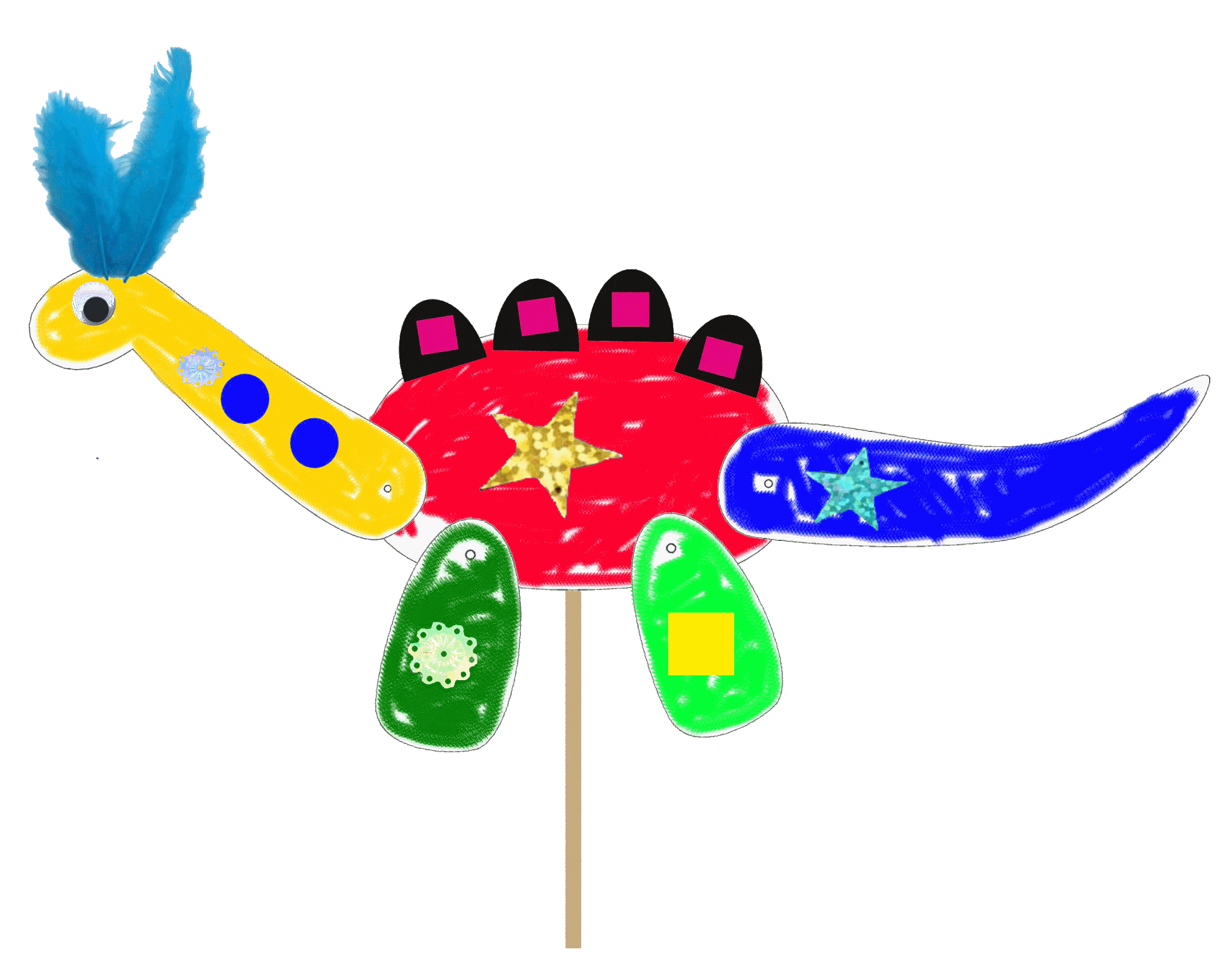 Une illustration colorée d'une créature de style dinosaure avec un corps rouge, une queue bleue, plusieurs pattes vertes et des éléments décoratifs comme des étoiles et des formes géométriques, dessinée de manière enfantine.