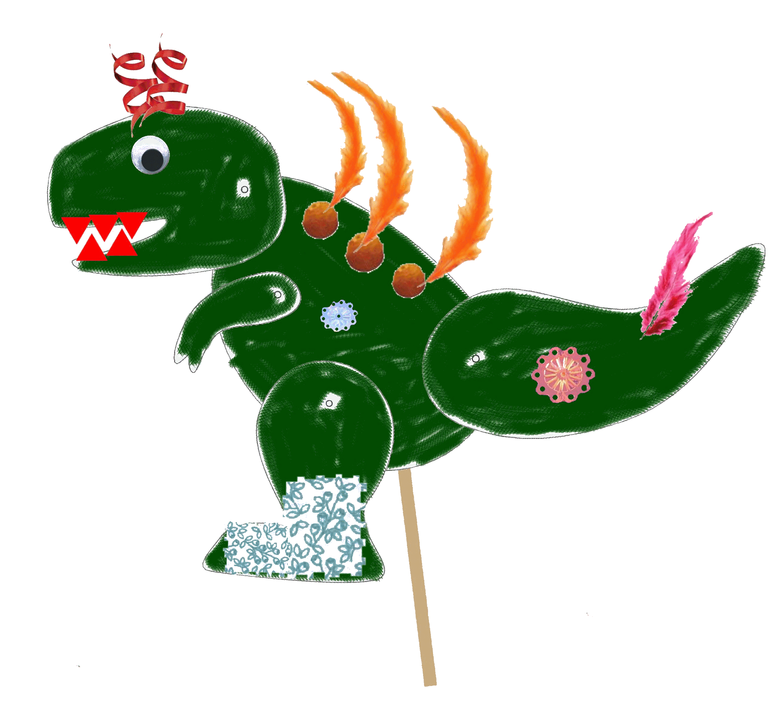 Une illustration d'un dinosaure en style dessin animé, avec un corps vert, une grosse tête, un œil rond, des dents rouges, des nageoires colorées, et une écharpe ou décoration sur le corps.