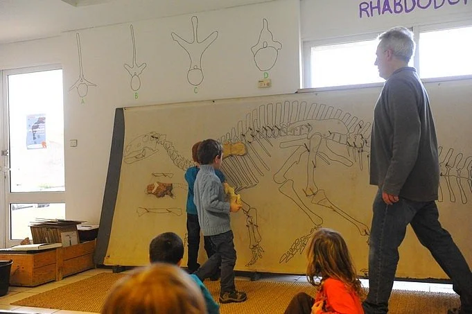 Enseignant expliquant le squelette d'un dinosaure à un groupe d'enfants dans une salle éducative.