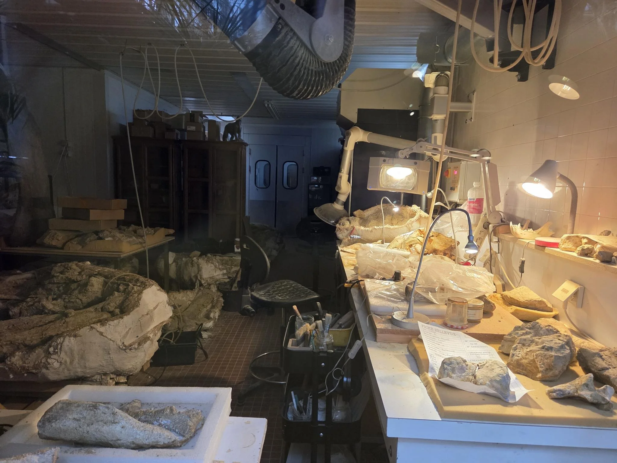 Une salle de laboratoire avec des roches et des outils utilisés pour la géologie, y compris des lampes lumineuses et des dispositifs de mesure.