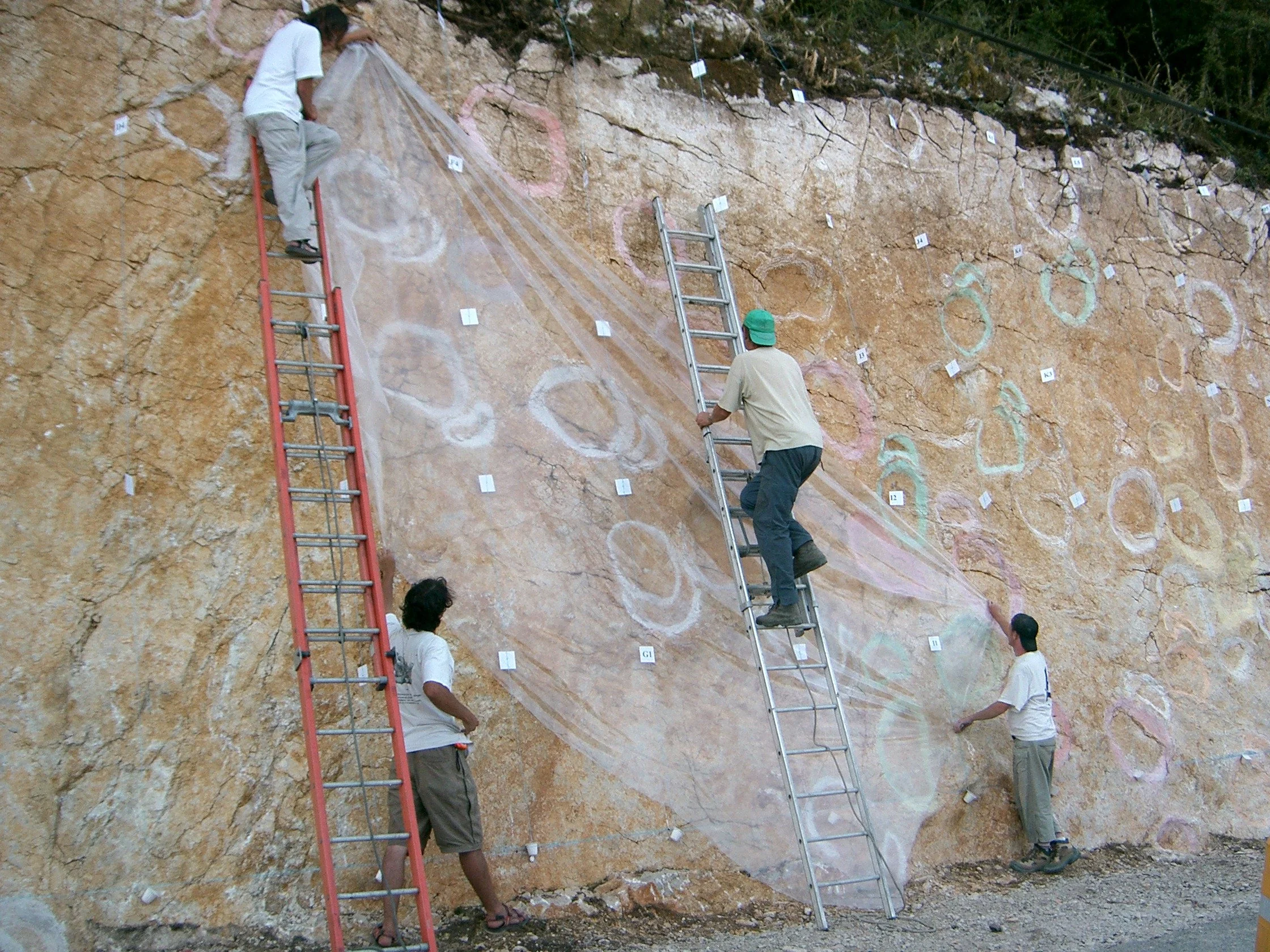Des personnes travaillent sur des peintures rupestres sur une falaise, utilisant des échelles pour atteindre différentes zones.